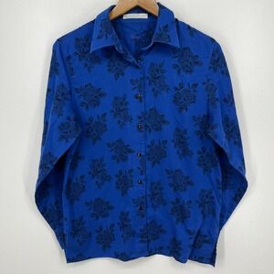 Foxcroft Long Sleeve Button Shirt Women's Size S Blue Floral Print Cotton Blend